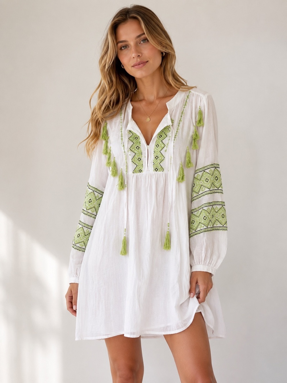 NWT Chelsea & Theodore White Lime Embroidered Tassel Boho Dress Large